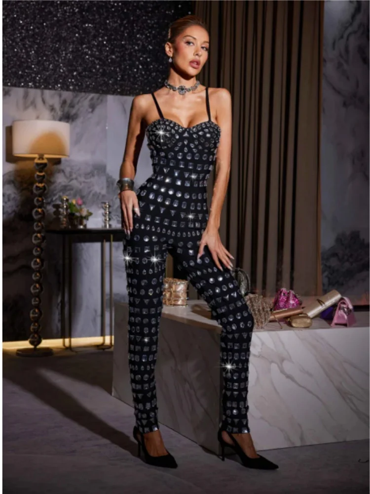 Top Quality Shinning Big Crystal Women Sleeveless Sexy Strao Bandage Bodycon Jumpsuit Fashion Nightclub Party Evening Wear