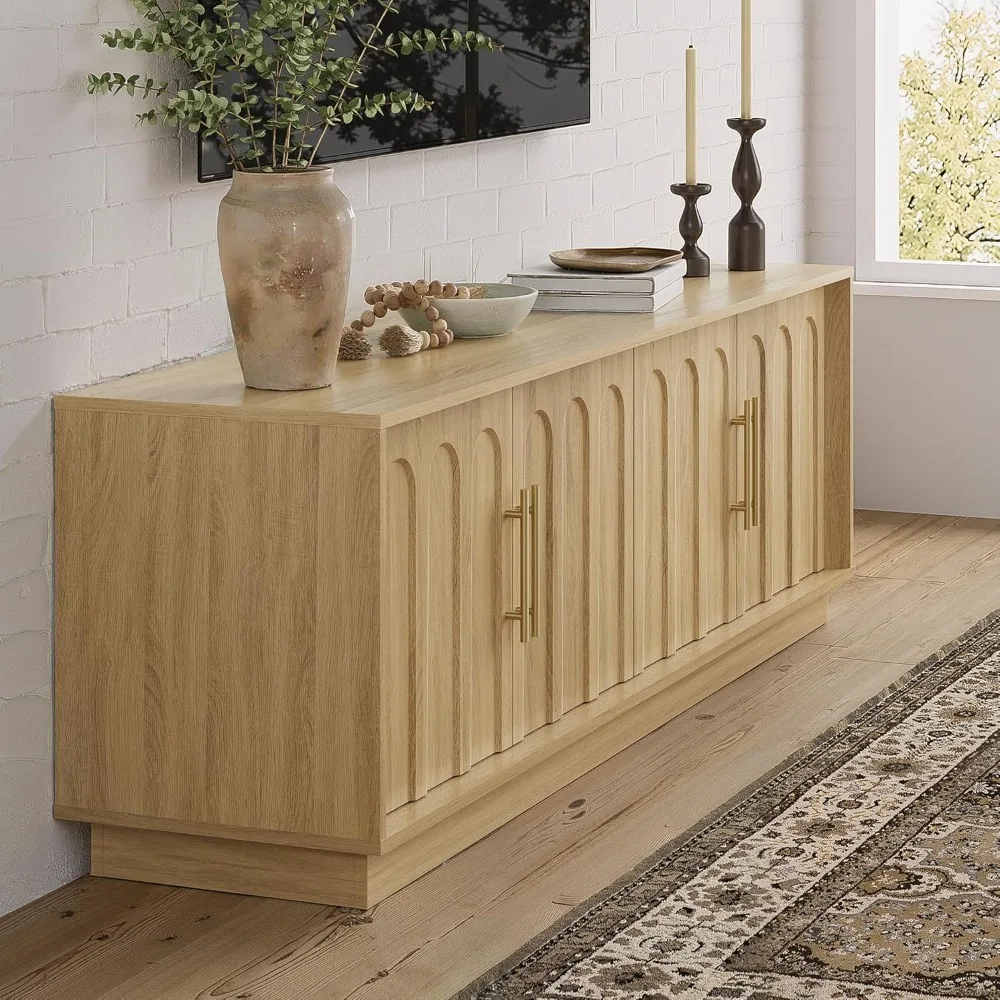 حامل تلفزيون للتلفزيون مقاس 75 بوصة، حامل تلفزيون حديث لمنتصف القرن بتصميم مقوس، لمسة نهائية من الحبوب الخشبية، لغرفة المعيشة وغرفة النوم