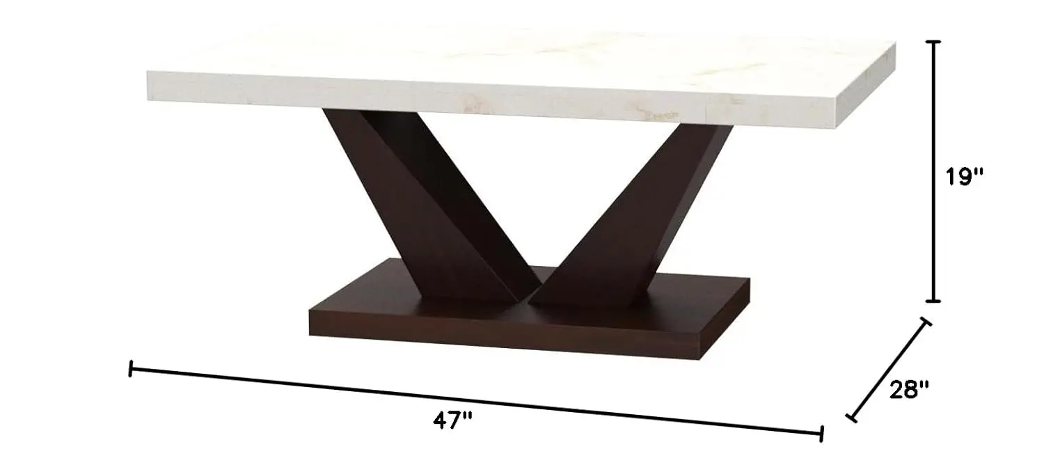 

Forbes Marble Top Coffee Table with V-Shaped Base in White and Walnut