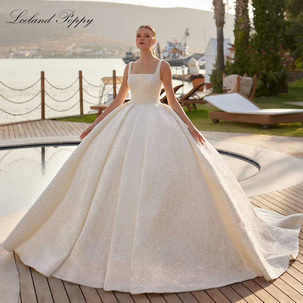 

Lceland Poppy Customized Ball Gown Wedding Dresses Square Neck Beaded Lace Bridal Gowns with Chapel Train