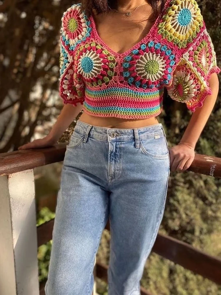 YENKYE 2022 Fashion Women Handmade Multicolor Crochet Boho Blouse Sexy Hollow Out Batwing Sleeve Female Summer Crop Top