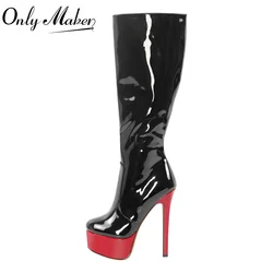 Onlymaker Women Platform Patent Leather Knee High Boots Side Zipper Thin Heel Stiletto Big Size Winter Sexy Lady Boots