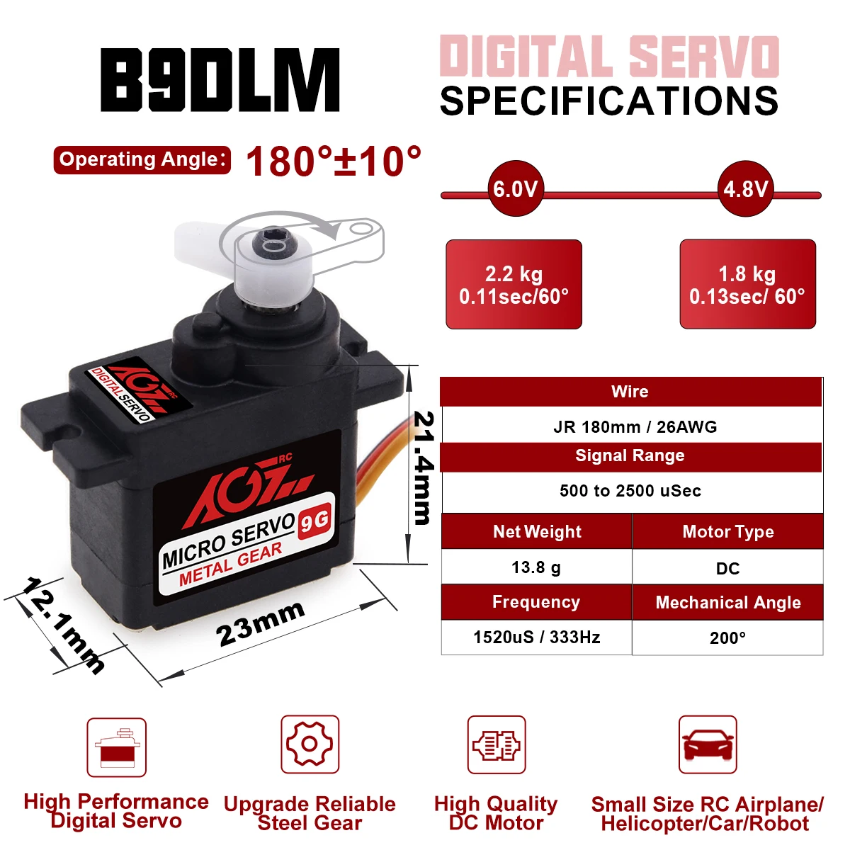 AGFRC Servo B9DLM 9g Metal Steel Gear 2.2KG 180 Degree Micro Size Digital Motor for RC Car Robot Small Airplane Helicopter Model