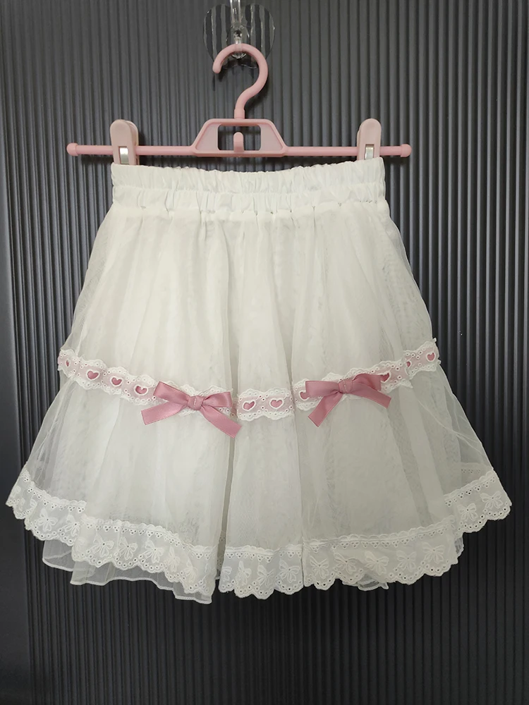 

Kawaii Shorts Skirts Women Multilayered Mesh Lace Trim Bows Elastic Waist Lolita Style Cute Mini Skirt for Sweet Girls
