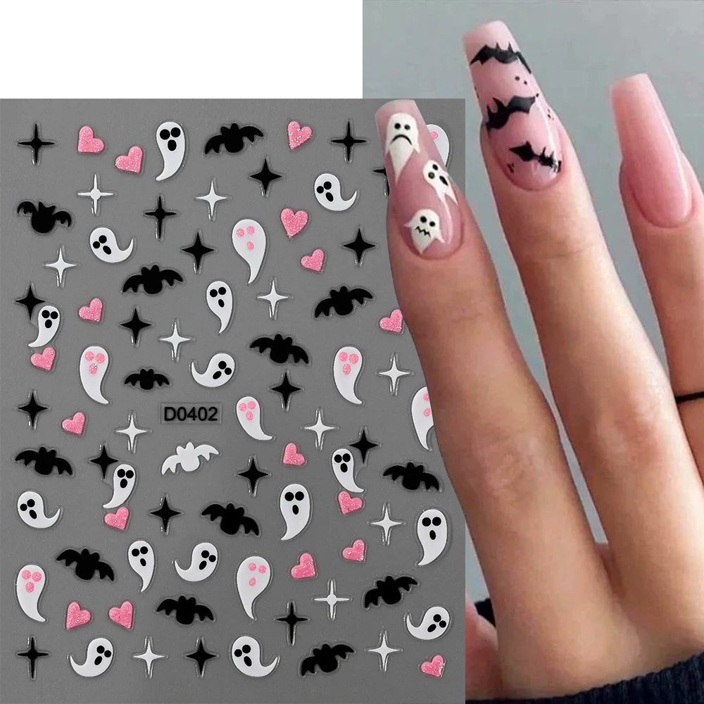 1pcs Pink Series Halloween Nail Art Stickers 10*8cm 3D Self-Adhesive Decals Heart Skull/Spider Webs/Bat/Ghost Design Nail Slider