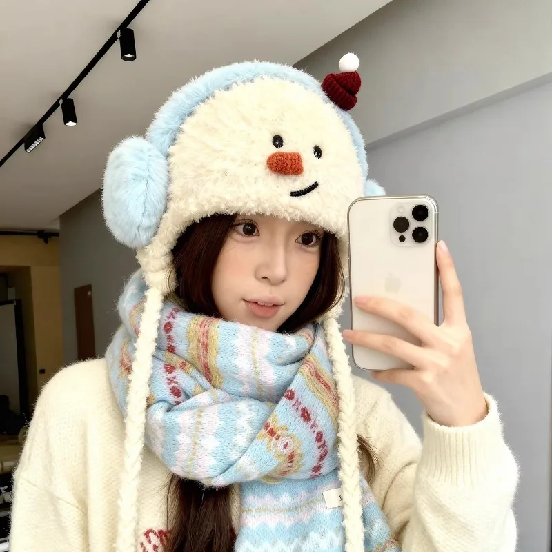 

Милая плюшевая шапка-бини со снеговиком для женщин, зимняя теплая вязаная шапка с защитой ушей, ветрозащитный морозостойкий аксессуар для улицы