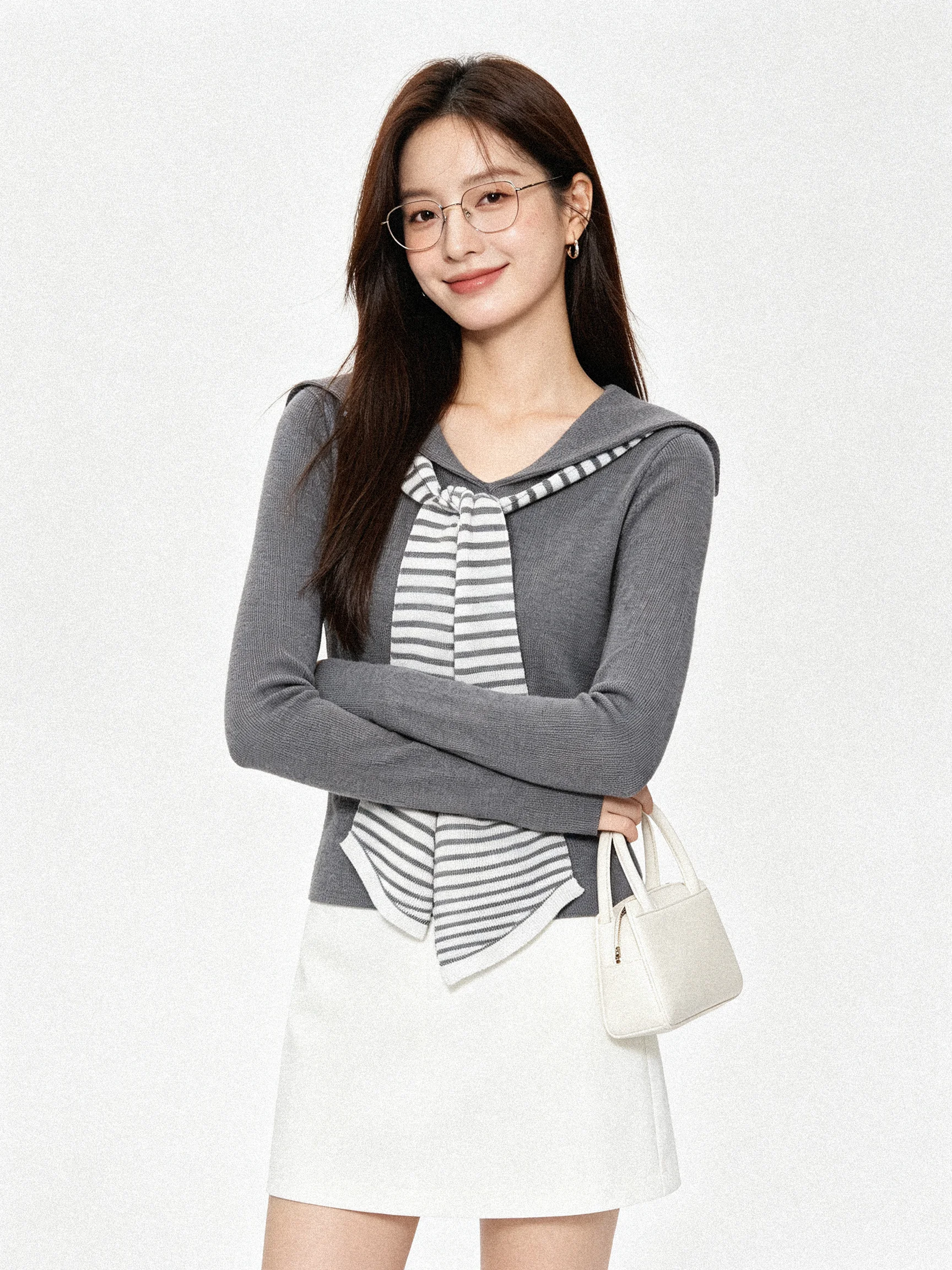 Stylish Korean Navy Collar Striped Color Block Knitwear Slimming Top Beautiful Autumn College Style Long Sleeve V-Neck T-Shirt