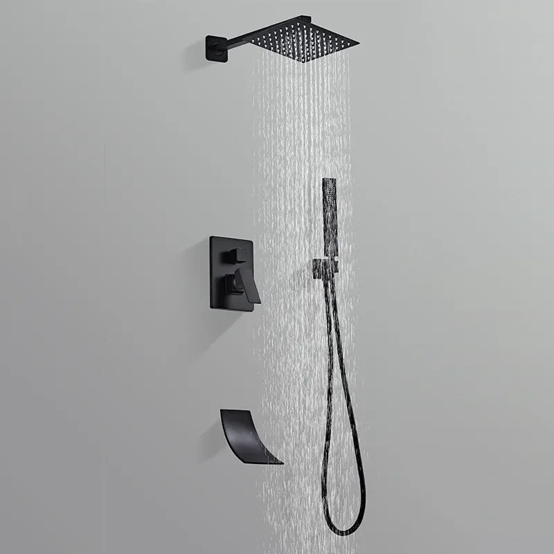 

Bathroom Shower Set Black Square Rainfall Faucet Wall or Ceiling Wall Mounted Shower Mixer 10" Head