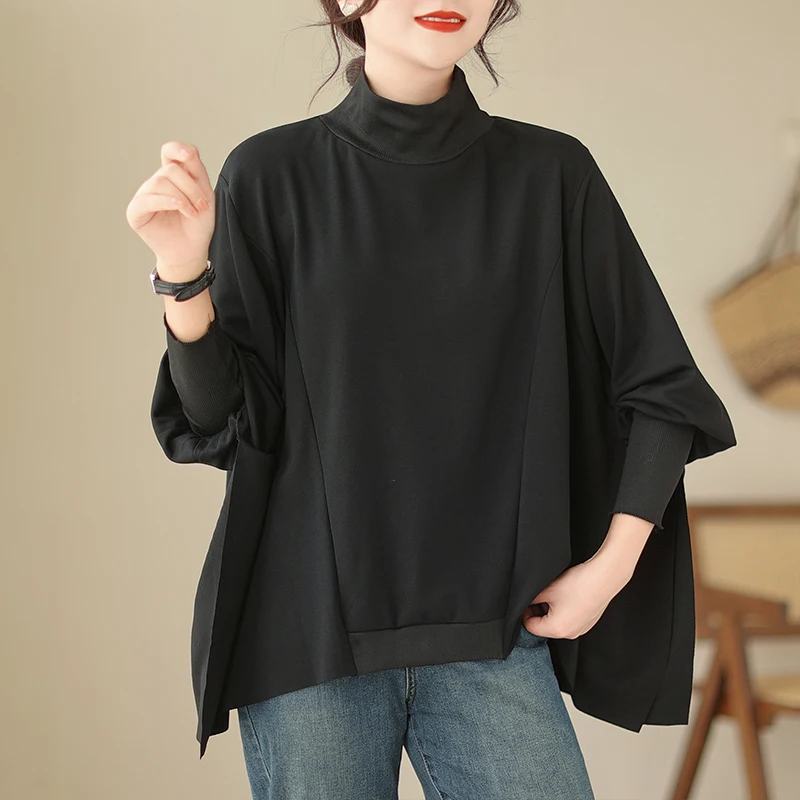 تصميم بسيط Batwing Sve هوديي f عالية الياقة البلوز الخريف جديد Sle المرأة البوليستر طويل Sve مريحة تناسب