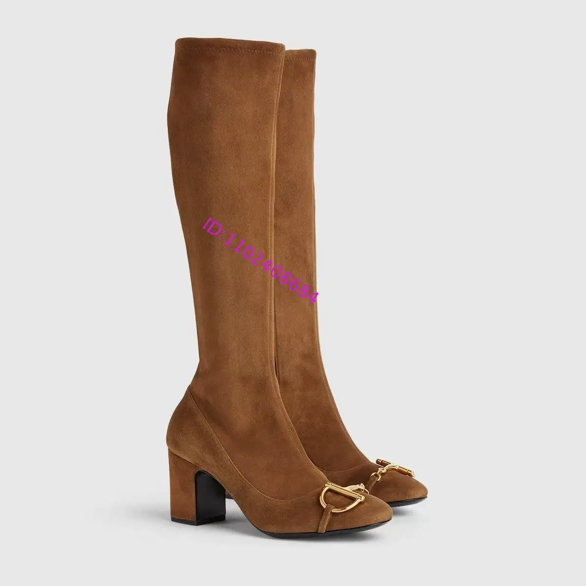 Design Damen Metallschnalle Blockabsatz Stretch Leder Kniehohe Stiefel Dicker Absatz Elastisches Leder Stretch Slim Stiefel