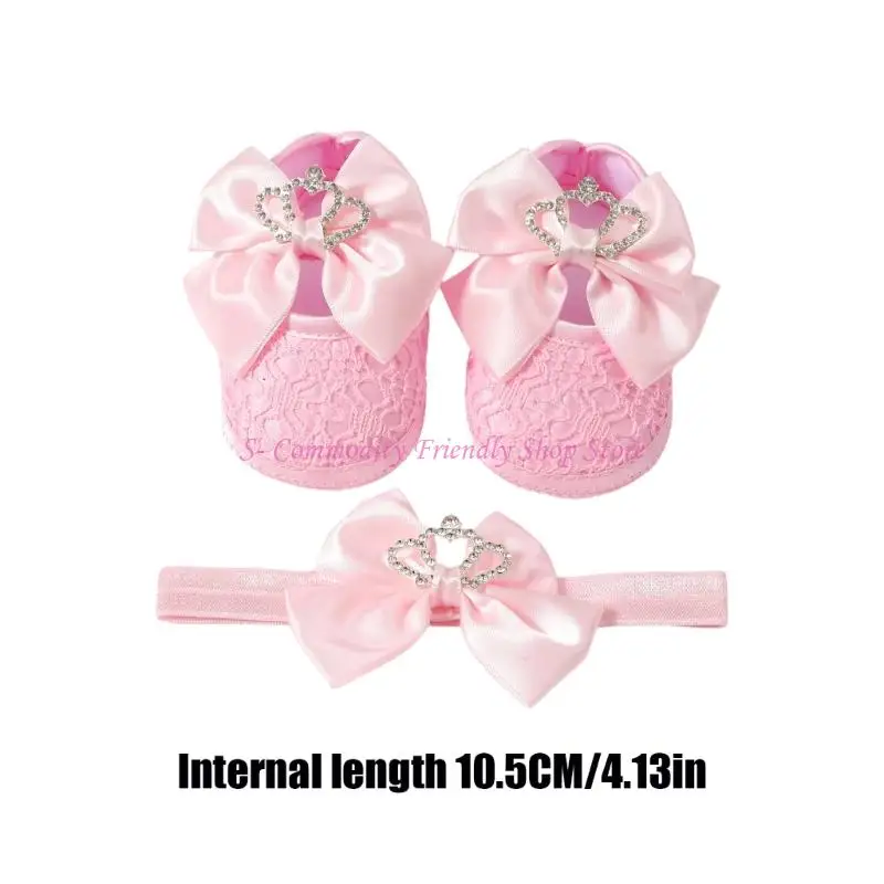 85AE Lovely First Step Shoe And Headband Gift Set For Little Girls Make Of Cotton Polyester Crown Bowknot Design