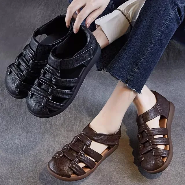 

Handmade Leather Roman Style Sandals Women's Flat Heel Comfortable Breathable Vintage Woven Toe Covering Casual Sandals