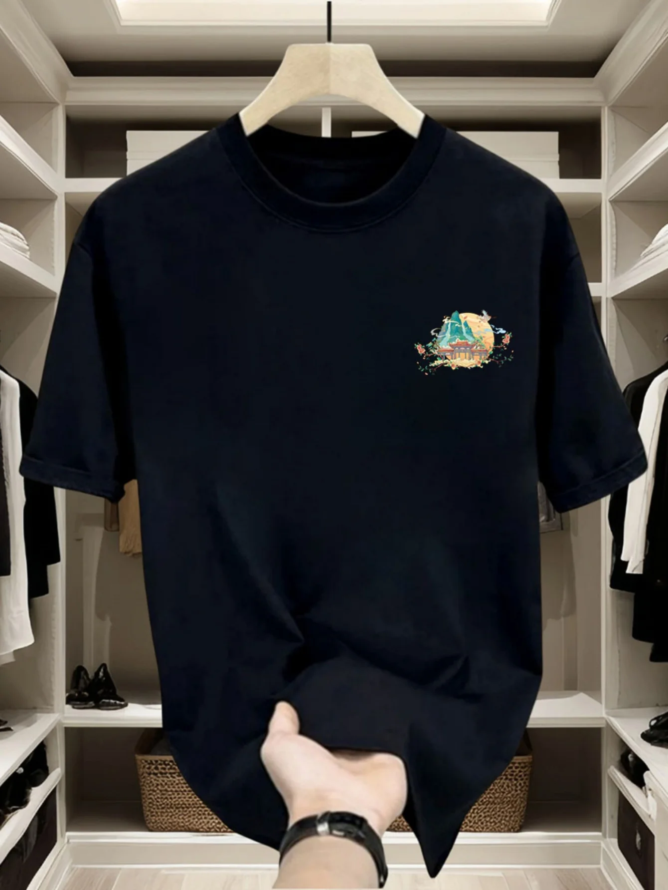 Мужская футболка в азиатском стиле Mountain & Pagoda — традиционный принт «Журавль и благоприятные облака»