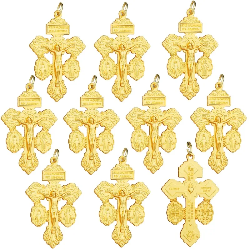 10pcs Metal Pardon Crucifix Catholic Pendant with St Benedict and Milagrosa Medal DIY for Rosary Necklace Making Parts