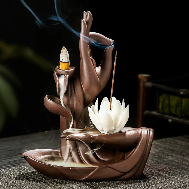 

Backflow Incense Burners Zen Buddha Hand Incense Cone Sticker Holder Lotus Home Office Decoration Aroma Tower Censer Ornaments