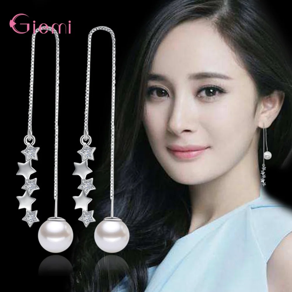 

Temperament 925 Sterling Silver Star Shape Pearl Crystal Zircon Long Tassel Drop Earrings for Women Party Fashion Jewelry Gifts