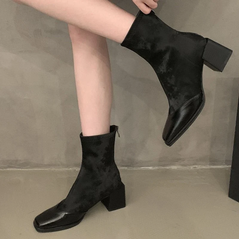 Square Toe Women Snow Ankle Boots Mid Heels Pumps Designer Chunky Leather Chelsea Boots Winter Fad 2024 Trend Goth Mujer Zapatos