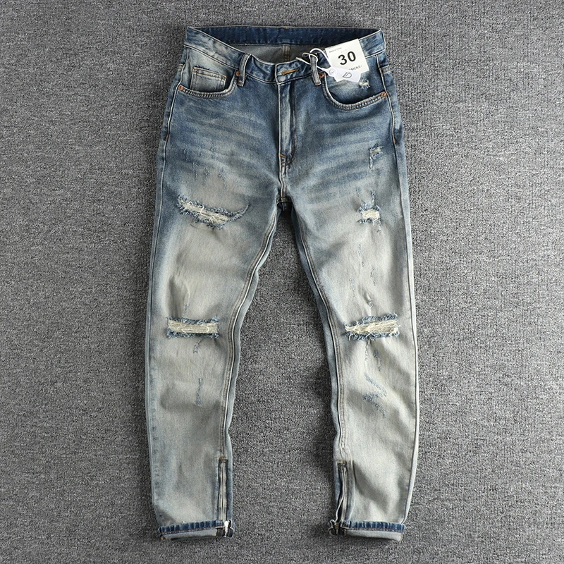 

Worn Look Zipper Men's Jeans Spring Autumn High Street Long Trousers Side Split Denim Pants Youth Fashion Cotton Stretch Fabric