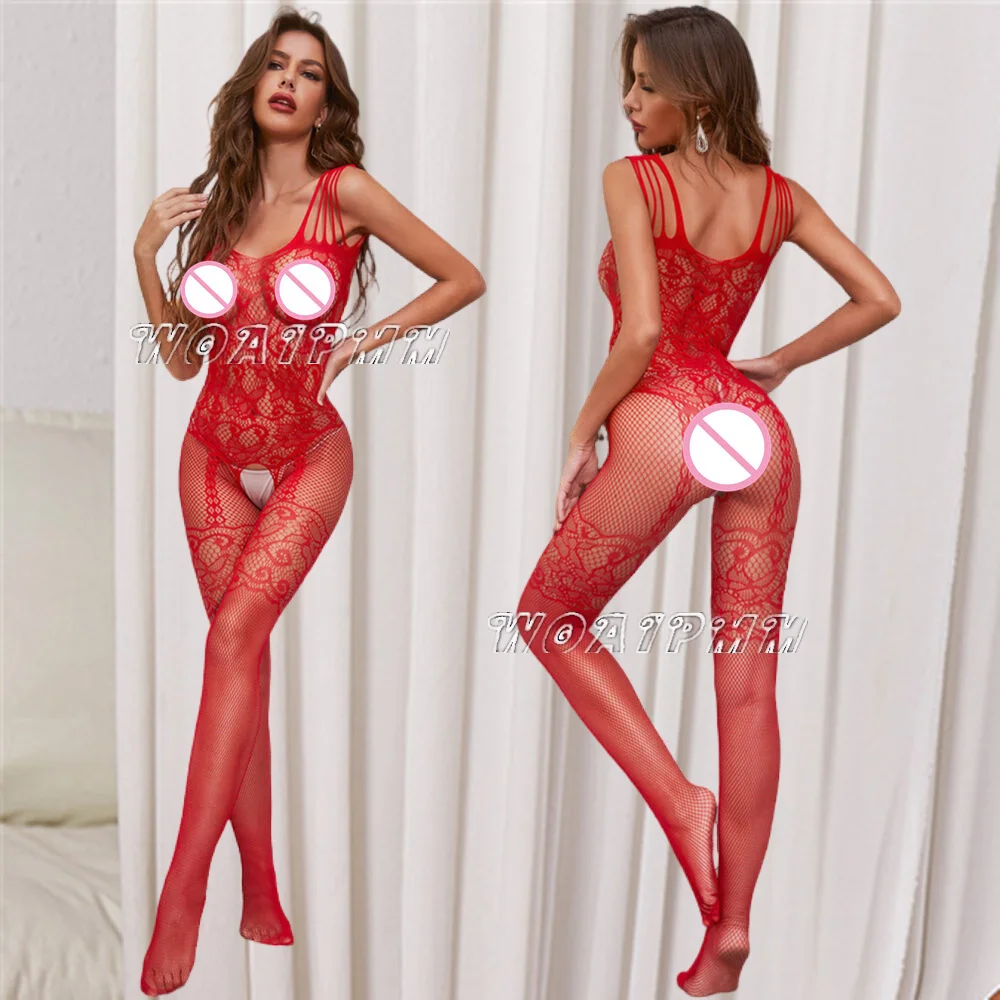 New Women Red Underwear Sexy Fishnet Tights Lingerie Costumes Erotic Mesh Full Body Stockings Clothes Female Jumpsuit Sleepwear