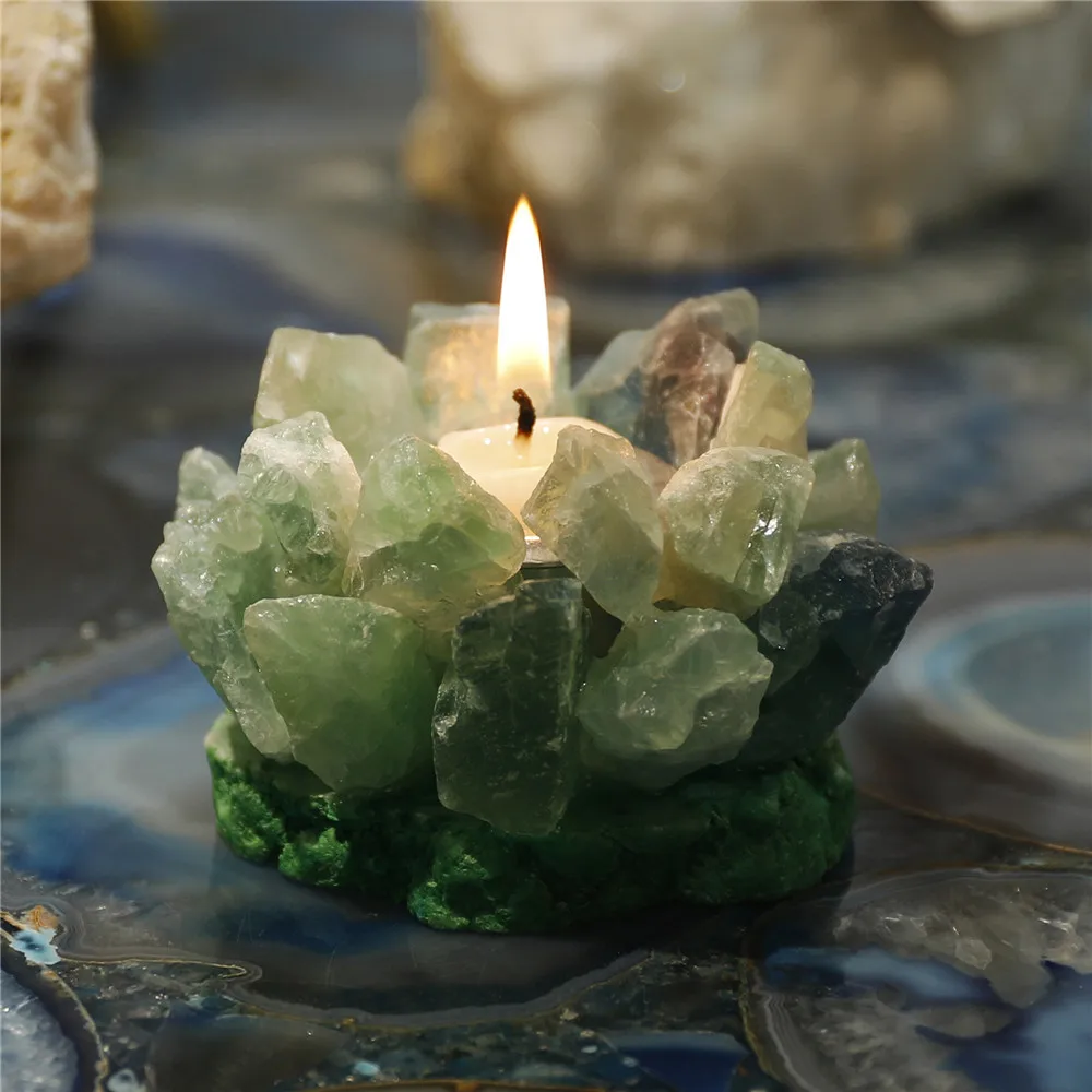 1PCS Green Fluorite Crystals Candle Holder Natural Stone Candlestick Home Decor Table Decoration