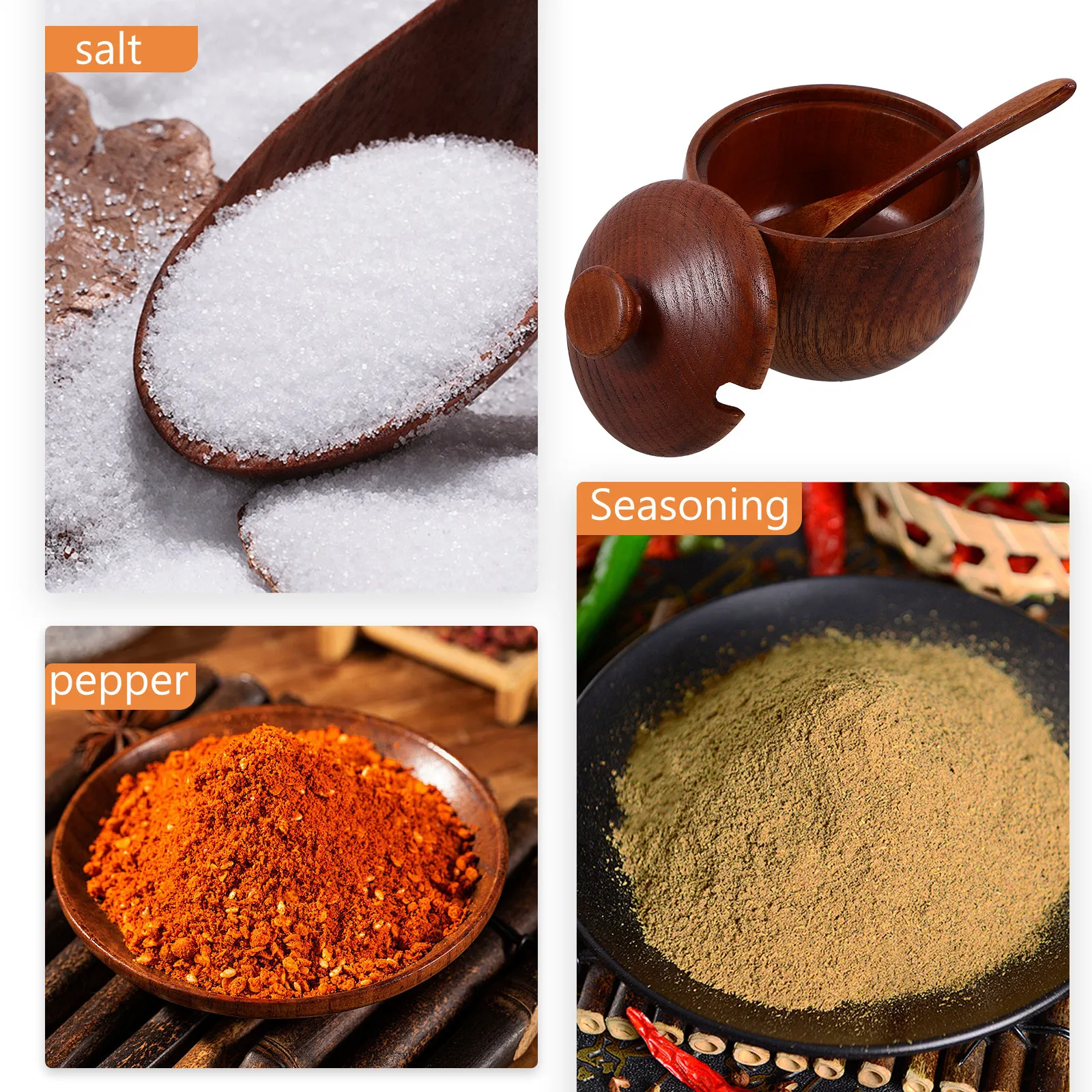 1Set Reusable Wooden Seasoning Bowl with Tight Seal Lid and Wooden Spoon for Spice Salt Sugar Tea Coffee Storage Kitchen