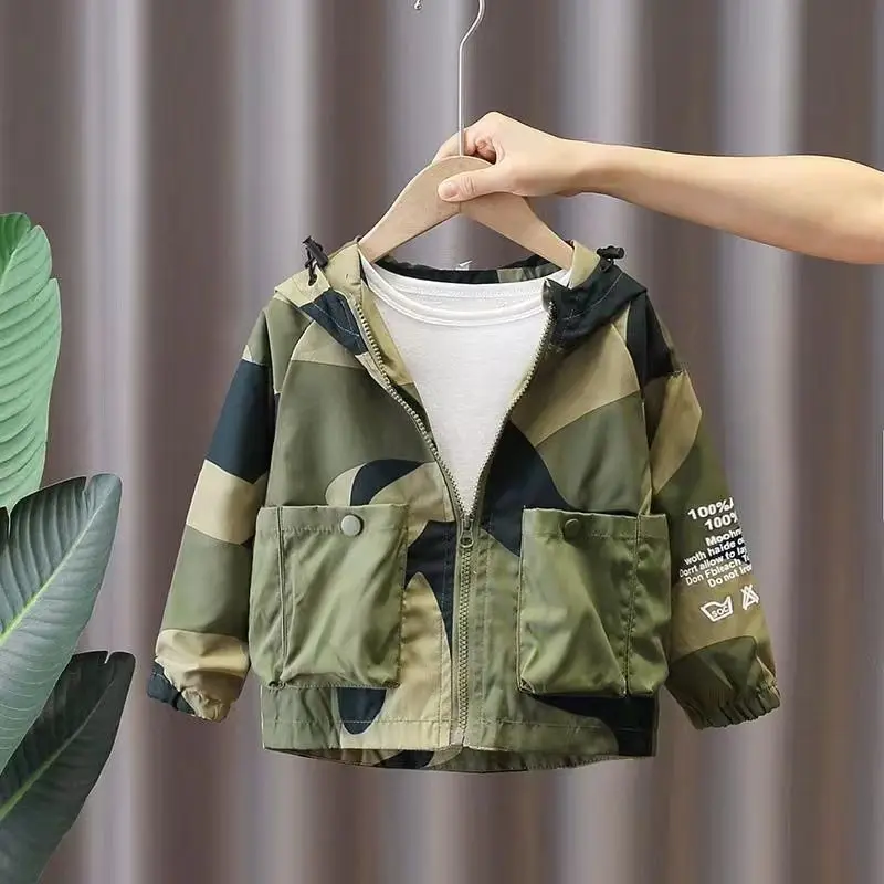 

110-160cm Boys Coat Spring and Autumn Handsome Children's Spring Casual Hooded Camouflage Jacket Top