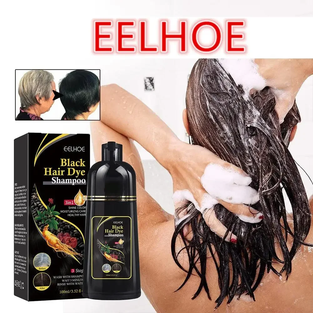 EELHOE Black Hair Dye Shampoo 3 in 1 Growth Clean Hair Darkening Deep Nourishing Black Hair Dye Shampoo Natural Organic Herbal