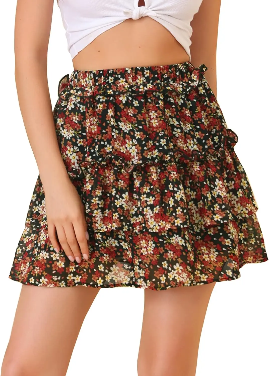 Женская многослойная мини-юбка трапециевидной формы с эластичной резинкой на талии и рюшами Luxy Trio с цветочным принтом
