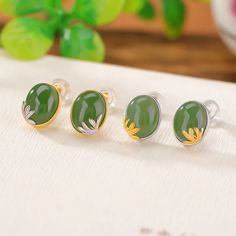 

S925 Позолоченные серьги-кабошоны с цветком Hetian Bi Jade, серебряные украшения