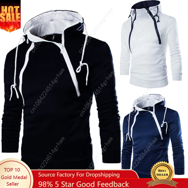 

Men's Hoodie Solid Color Sports Outdoor Casual Double Diagonal Zip Turtleneck Sweatshirt Winter Long Sleeve Black And White