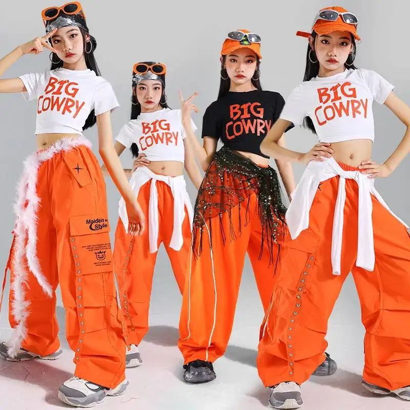Girls K-pop Red Crop Top Cargo Pants Children Hip Hop Street Dance Stage Costumes Kids Streetwear Girl Group Jazz Clothes Sets