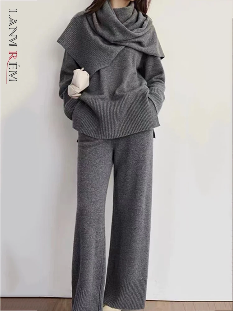 LANMREM 3 Pieces Knitted Sets Women Scarf With Long Sleeves Sweater Top Wide Leg Trousers Female Fashion Autumn Winter 2DA9703