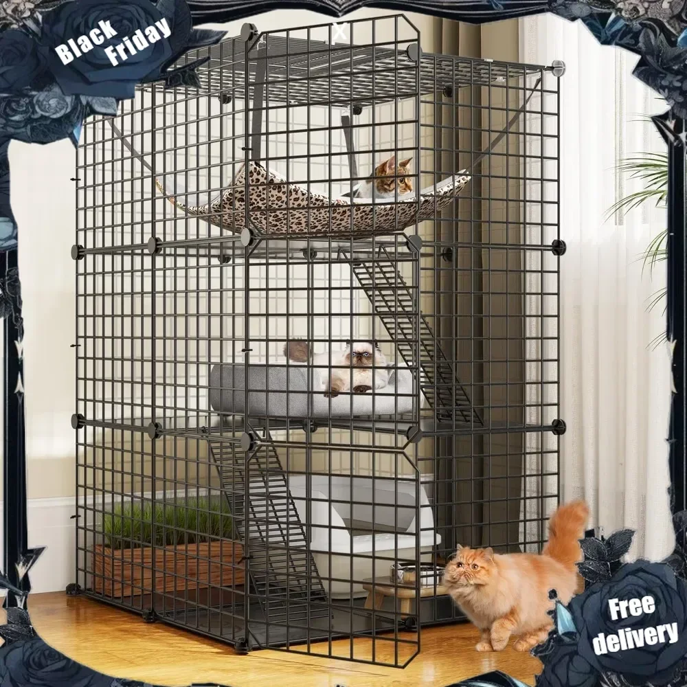 Cat Cage Indoor Catio DIY Cat Enclosures Metal Cat Playpen  Kennels Pet Crate with Extra Large Hammock