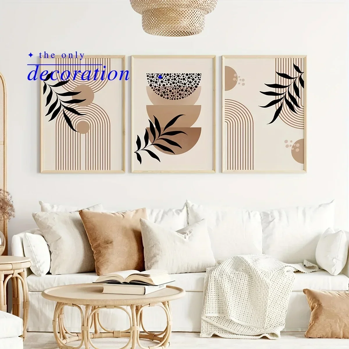 Neutral Modern Wall Art/Set of 3/Boho Gallery/Mid Century Modern Prints/Neutral Art Boho Brown Geometric Black Leaves Canvas