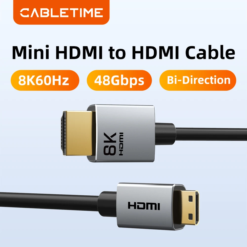 Cable Mini HDMI a HDMI CABLETIME, HD 8K 60Hz de Alta Velocidad, Cable Mini HD 2.1 de 48Gbps, Cable HDMI 2.1 para HDTV, Tablet, Cámara