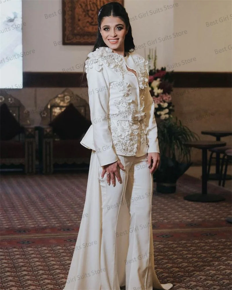 Conjunto de traje de 2 piezas para mujer, Blazer de boda, esmoquin Formal, cuentas de lujo, chaqueta con apliques de flores 3D, abrigo con cinturón, vestido de graduación a medida