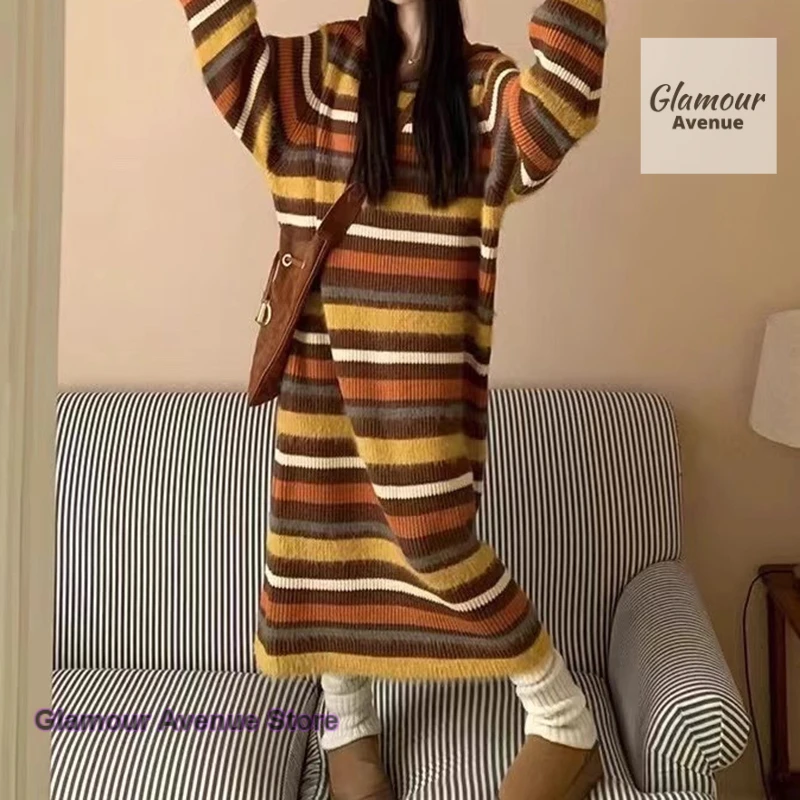 

Korean contrast striped sweater hooded dress women's autumn and winter Korean straight loose long sweater skirt sweater top