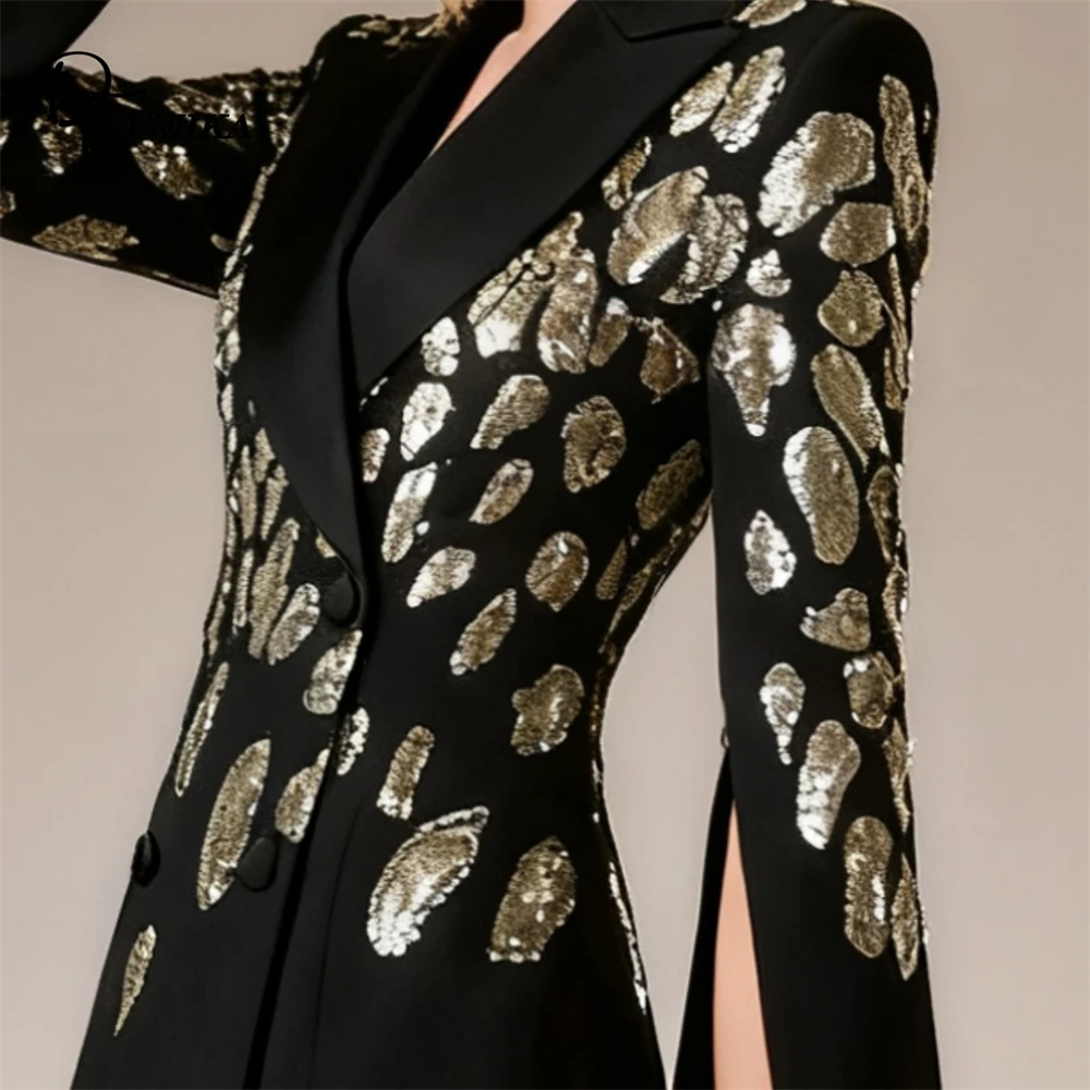DTLumika Giacca da abito lunga da donna alla moda, abito da festa nero, blazer Suir con paillettes con immagini reali
