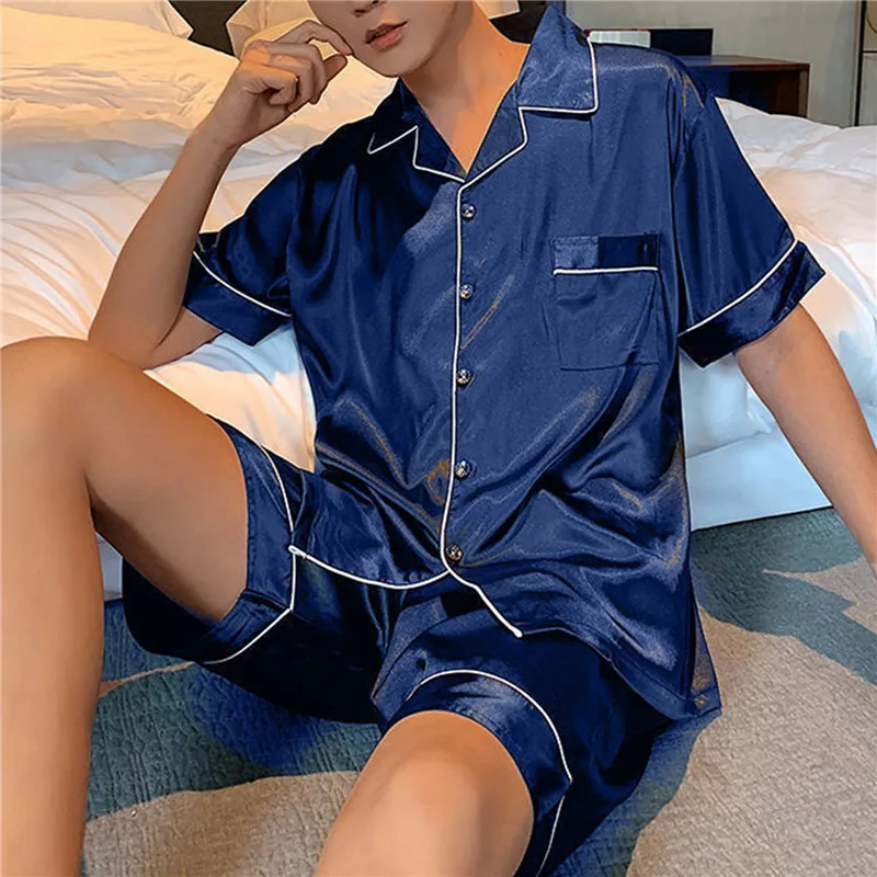 New Summer Pajamas For Man Big Size Silk Mens Pajama Sets Shorts Satin Short Sleeve Sleepwear Home Pijama Night Wear Loungewear