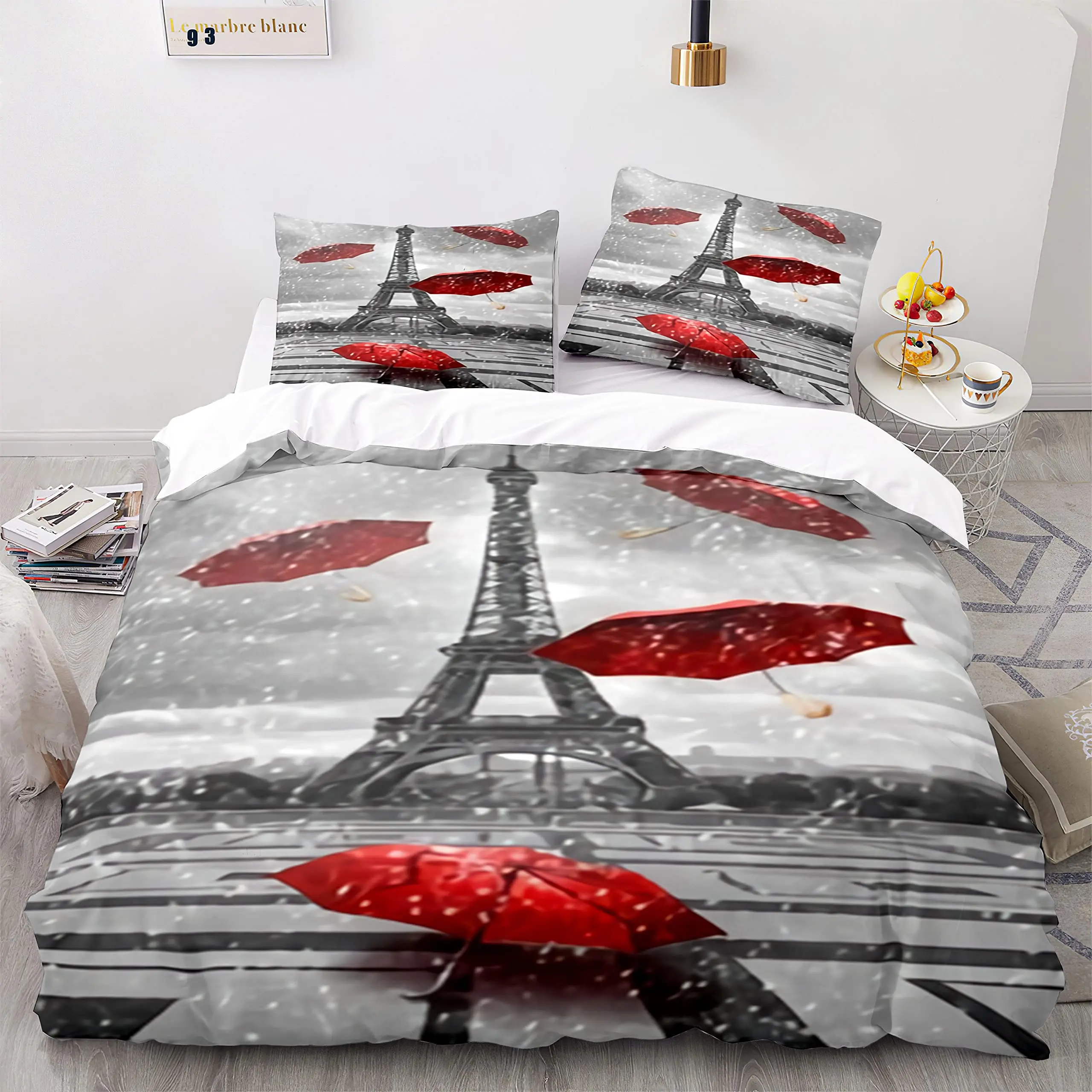 Eiffel Tower France Paris Bedding Set Boys Girls Twin Queen Size Retro Red Duvet Cover Pillowcase Bed Kids Adult