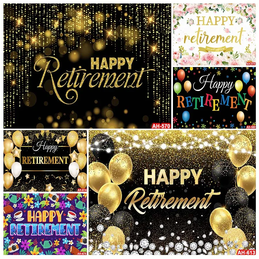 Happy Retirement Backdrop Black and Gold Retired Photo Background Retirement Party Decorations