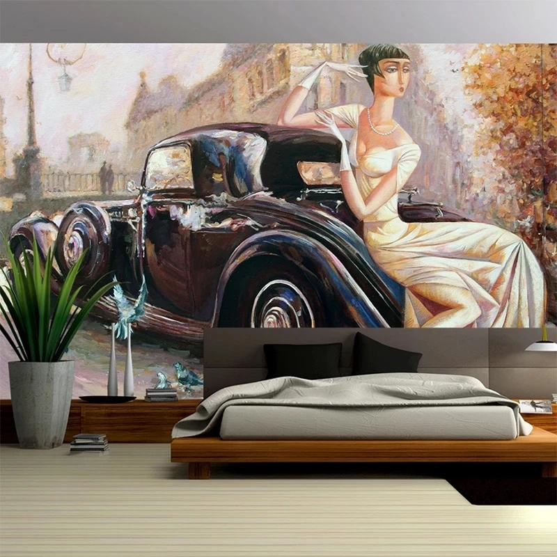Customized Wallpaper 3D Vintage Classic Car Beautiful Women Oil Painting Mural Living room TV background wall bedroom restaurant