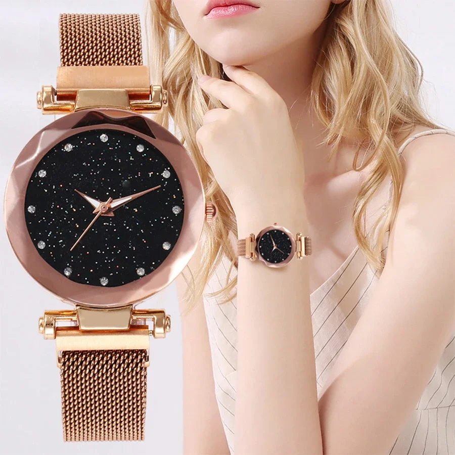 Women Magnet Watch Stainless Steel Mesh Band Starry Luxury Ladies Quartz Watches Quartz Wristwatches for Women Relogio Feminino