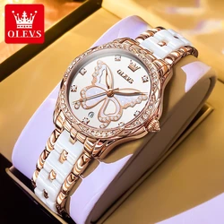 OLEVS Original Quartz Watch for Women Luxury Diamond Butterfly Dial Elegant Ceramics Strap Imported Movement Ladies Wristwatches