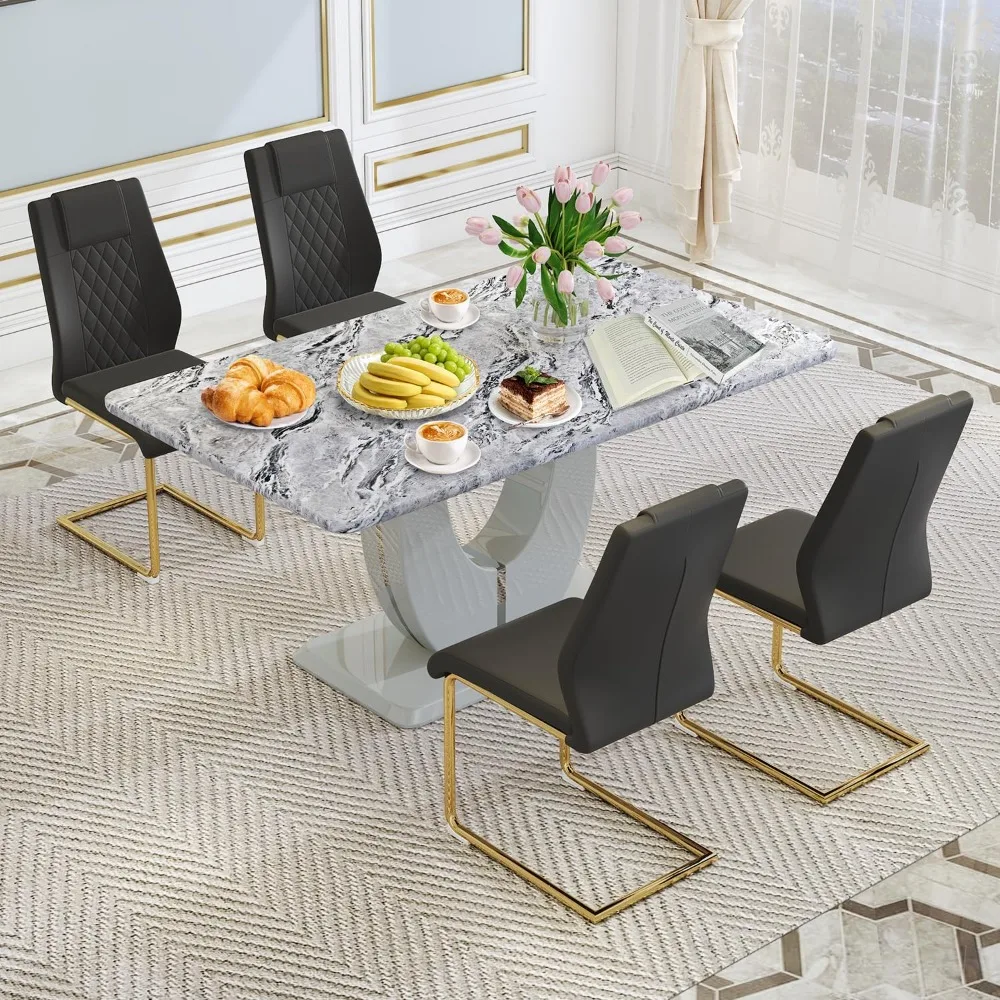 

Modern Dining Table Set,63 Rectangle Kitchen Tables Chairs for Dinings Kitchen Room,4 PieceFaux Marble Dining Room Table Set