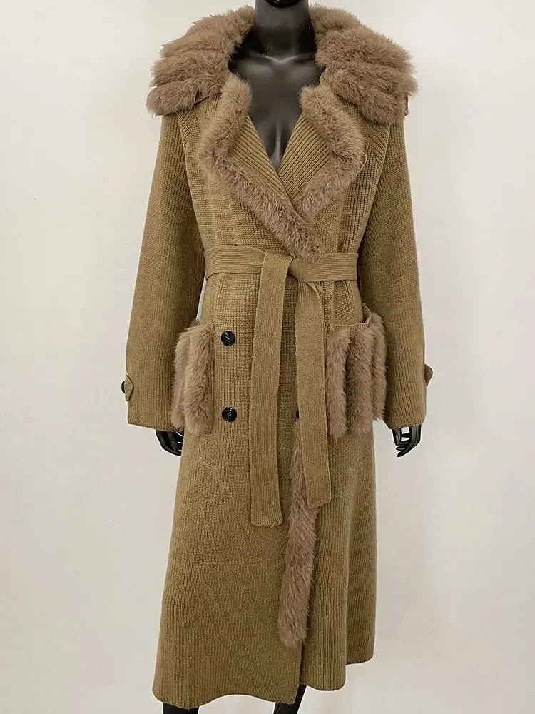 Real Fox Fur Sweater Women Clothing Long Belt Button Knitwear Female 2025 New Spring Autumn Oversized Knitted Cardigan