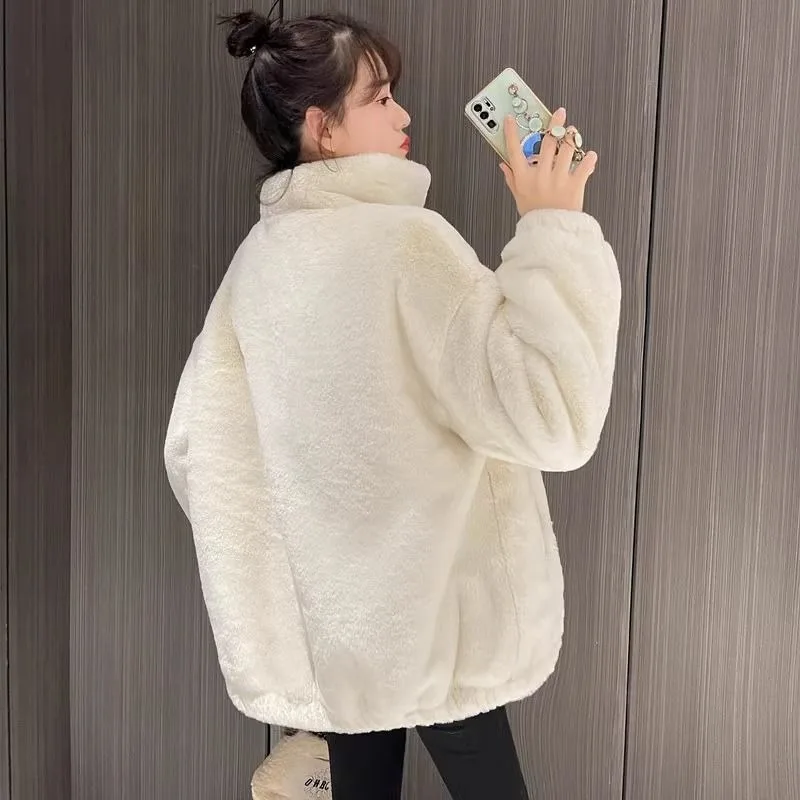 Milk Fufu Small Fragrant Wind Pink Lamb Wool Coat Women's Winter Thickened Small Senior Plush Stand-up Collar Baseball Jersey