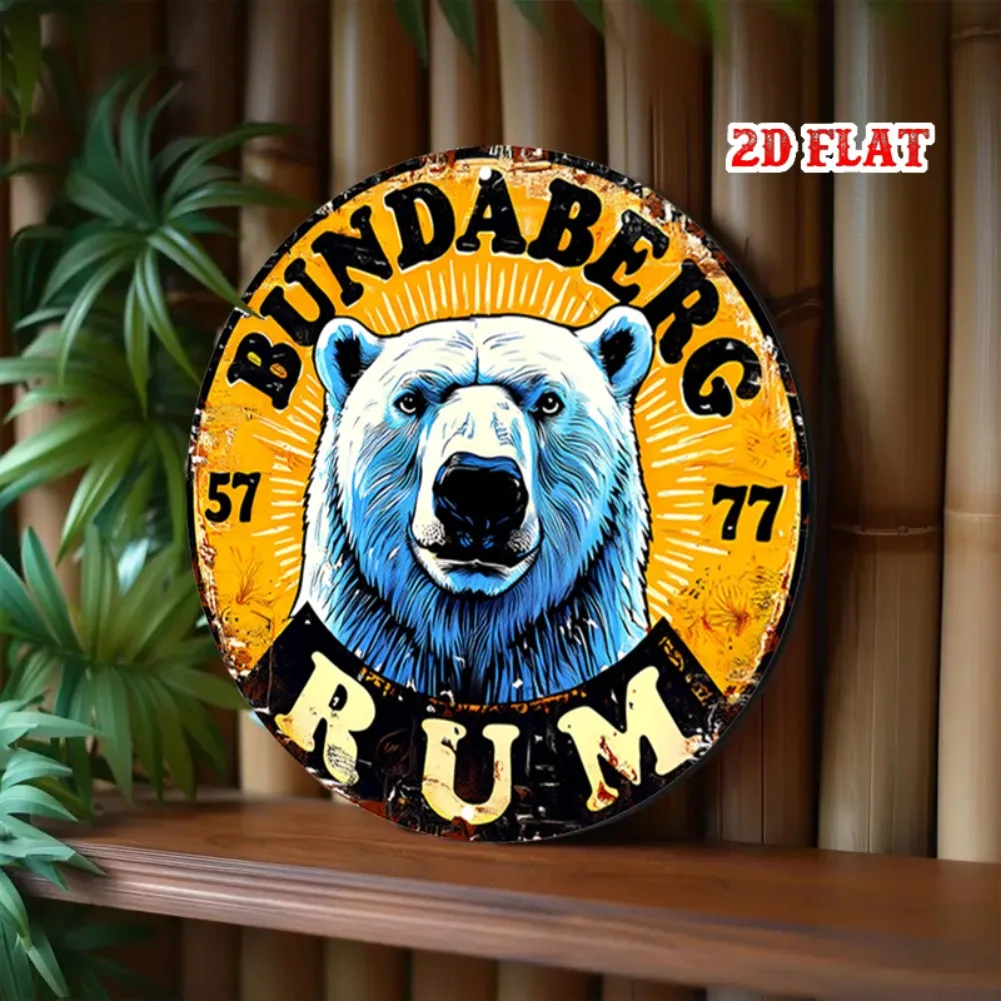 [مسطح 21D] قطعة واحدة من لافتة ألومنيوم مستديرة من Bundaberg Rum - لوحة فنية جدارية معدنية على شكل دب ريفي مقاس 7.87 بوصة، أصفر وأسود، بدون إطار