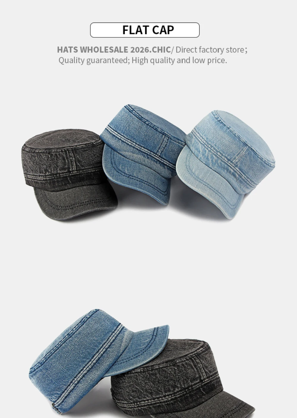 HT5131 Frühling Sommer Herbst Denim Caps für Herren und Damen 100% Baumwolle Flat-Top Baseballkappe 2026 Neue Verstellbare Denim Snapback Kappe – Detail 2