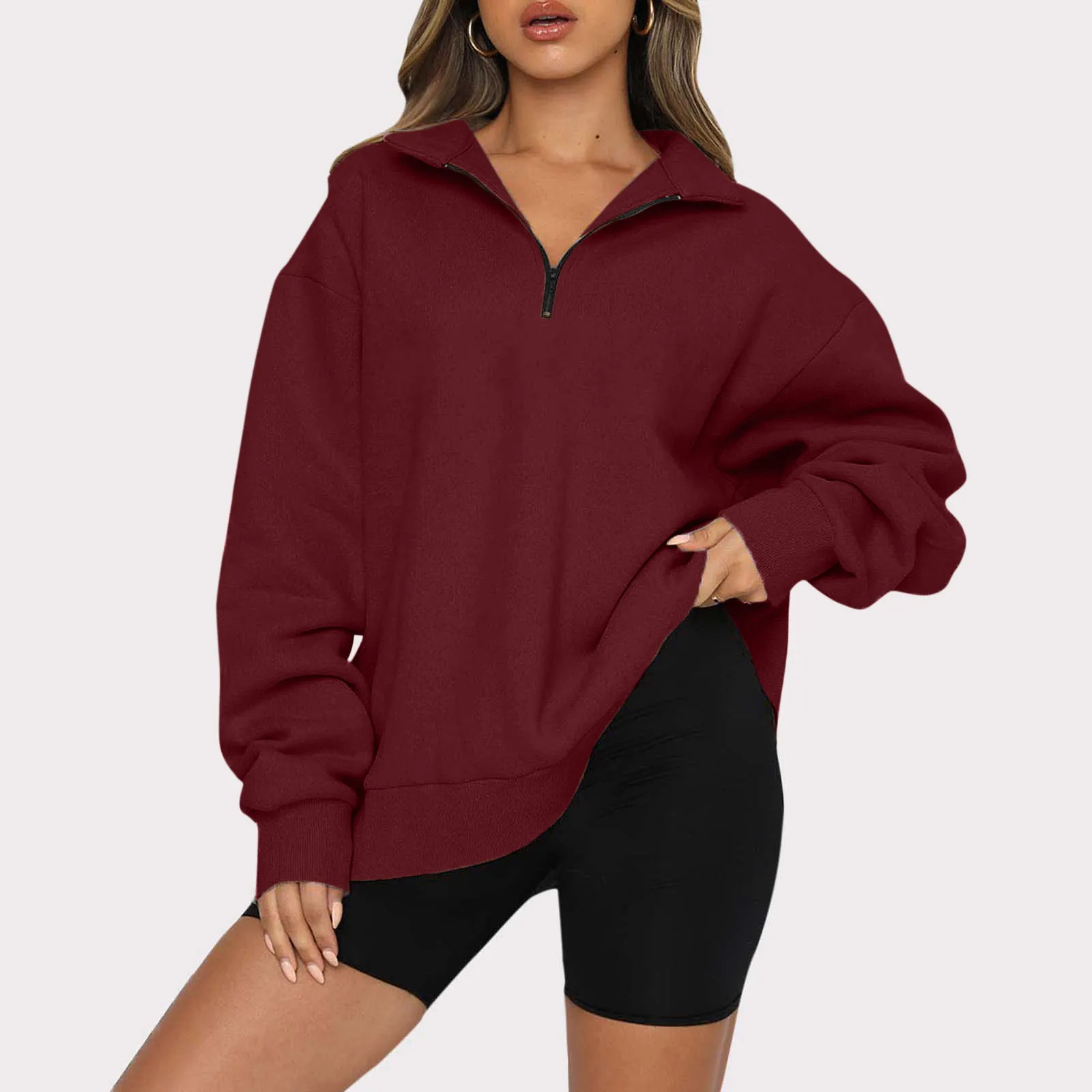 

Autumn Solid Color Casual Long Sleeve Sweatshirt Women Half Zip Drop Shoulder Quarter 1/4 Zipper Pullover Oversized Tunic Tops